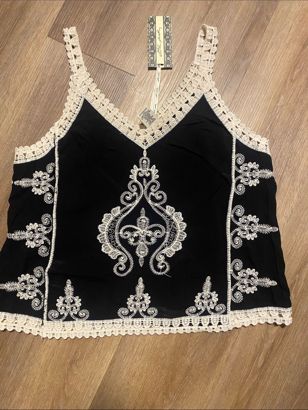 Ultra Pink Black Camisole with Cream Embroidered Lace Trim